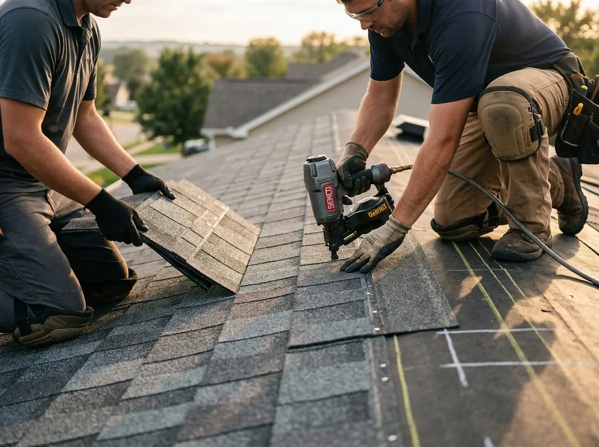 Professional roofer working on a residential roof in Lewisville